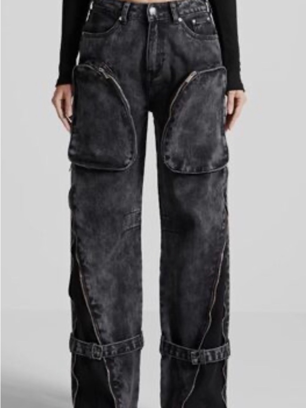 Maniere De Voir Zip Detail Denim Cargo Pants - Grey Wash